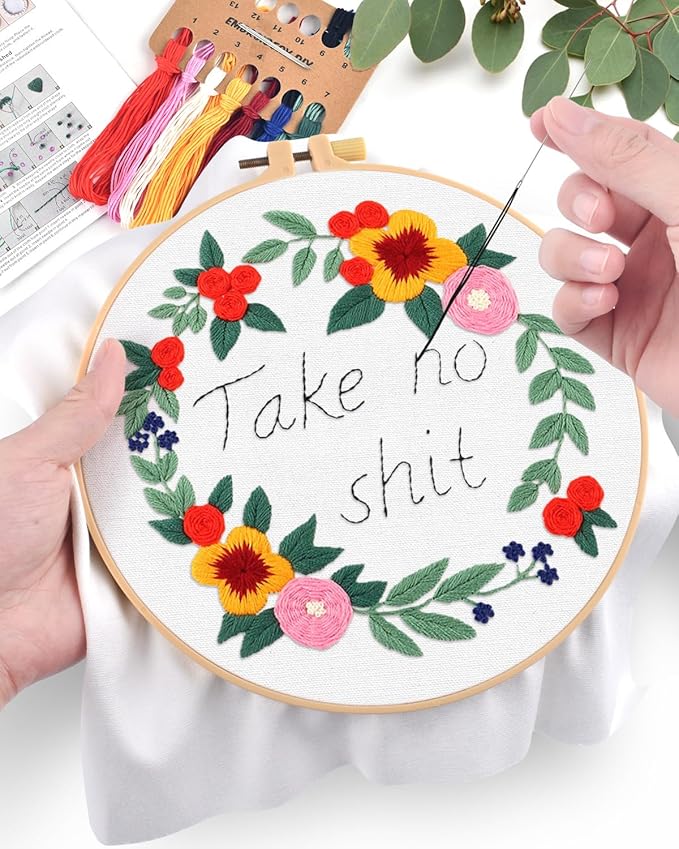 ERKOON Embroidery Kit for Beginners, Flower Cross Stitch Set for Include Embroidery Cloth Hoops Threads for Craft Lover Hand Stitch with Embroidery Skill Techniques (Happiness Wreath)