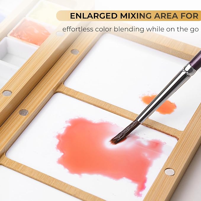 Travel Watercolor Palette Box, Fuumuui Burlywood Palette Kit with Cover, 12 Empty Removable Half-pan Grids, Dual Tip Travel Brushes, for Watercolor Gouache Color Mixing, Pure White Palette