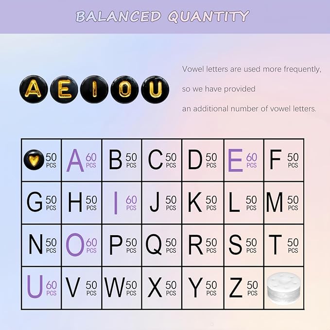Looconi 1400pcs 4x7mm Black Letter Beads Round Acrylic with Gold Alphabet A-Z Heart Pattern Beads and Crystal Line for Jewelry Making (Black&Gold)