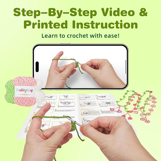 WaldyWop Crochet Kit for Beginners: 4 Flower Bracelets Knitting Kits for Adults Women w/Easy Yarn & Step-by-Step Video Tutorials -Wobbles Crochet Starter Kit for Crocheter, Birthday Gift for Mom
