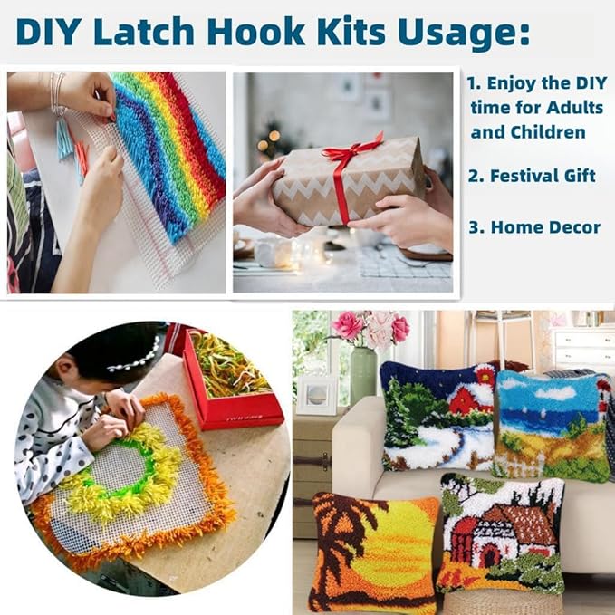 White Blue Baseball Latch Hook Pillow Kits Printed Embroidery Pillowcase DIY Crochet Yarn Hooking Craft Rug Cushion for Home Christmas Decor and Handmade Gift 43x43cm