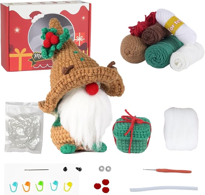 Crochet Set - Beginner Friendly Crochet Set with Step-by-Step Teaching Videos and Crochet Pattern Manuals (Brown Christmas Dwarf)