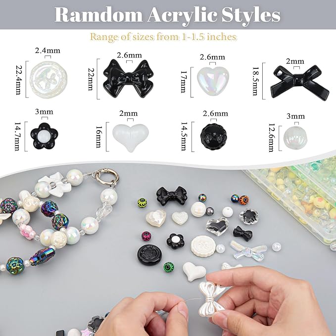LAIDANLA Black and White Assorted Acrylic Beads for Bracelets Jewelry Making, Aesthetic Random Mix Cute Beads Flower Star Heart Bow Butterfly Bear Candy Beads for DIY Necklace Keychain 160g