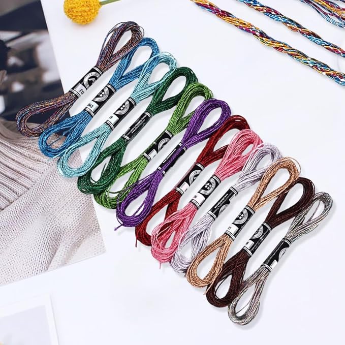12 Skeins 6 Strands Metallic Embroidery Floss Glitter Cross Stitch Thread Colorful Sparkly Polyester Friendship Bracelet String Yarn Threads Bulk for Hand Sewing Crafts Bracelets Making DIY