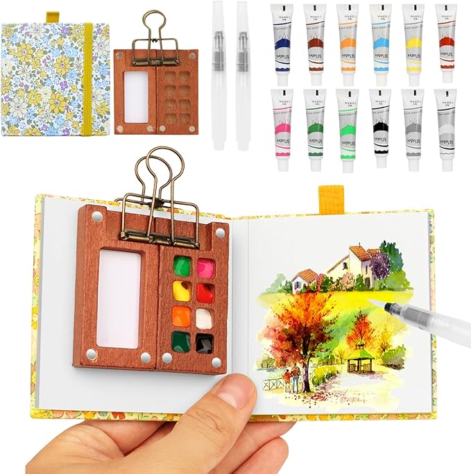 Travel Watercolor Set，Mini Paint Palette Travel kit，Mini Water Color Paint Set，Wooden 8 Grid Paint Box,12 Colors Small Watercolor Sketchbook for Artists Painters Students (12-Yellow)