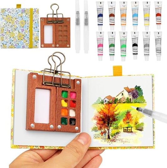 Travel Watercolor Set，Mini Paint Palette Travel kit，Mini Water Color Paint Set，Wooden 8 Grid Paint Box,12 Colors Small Watercolor Sketchbook for Artists Painters Students (12-Yellow)