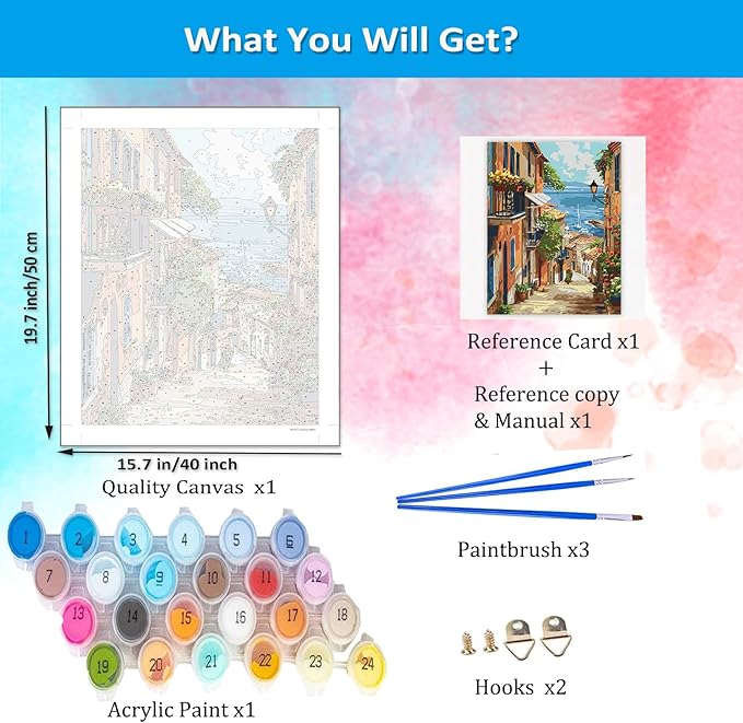 Artunion Europe City Street Paint by Numbers Kit for Adults,Seaside Town Paint by Number Kits, DIY Oil Painting Paint by Number Kits on Canvas Arts Craft for Home Wall Decor 16x20 Inch