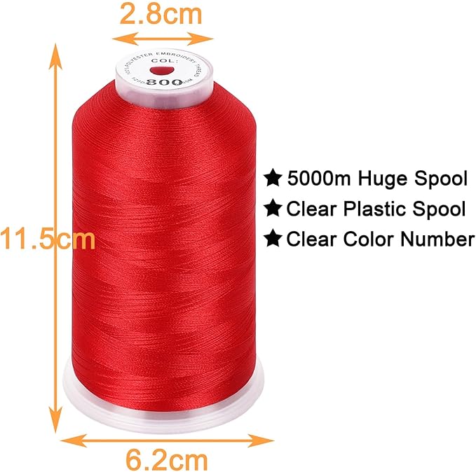 New brothread - 2 Huge Spools 5000M Each Polyester Embroidery Machine Thread 40WT for Commercial and Domestic Machines - Red