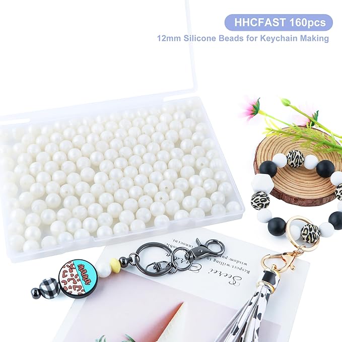 160Pcs 12mm Silicone Beads for Keychain Making Bracelet Necklace, Bulk Round Silicone Beads for Pens（Metall White）