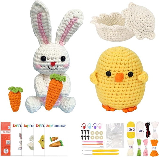 wokdsbl Crochet Kit for Beginners with Upgraded Premium Custom Yarn and Step-by-Step Video Tutorials, Ideal DIY Craft Gift, Crochet Animal Kits for Easter Egg Fillers (Bunny & Chick)