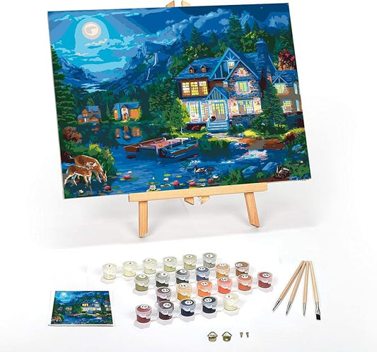 Ledgebay DIY Paint by Numbers Kit for Adults Framed Canvas Beginner to Advanced Paint by Numbers Kit Kits Include Acrylic Paint Set Brushes Tabletop Easel (House Near The Lake 12"x16" Framed)