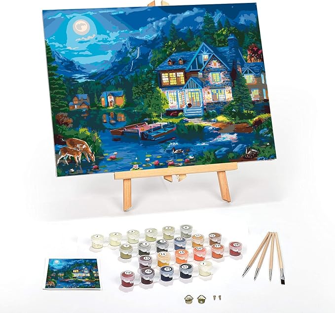 Ledgebay DIY Paint by Numbers Kit for Adults Framed Canvas Beginner to Advanced Paint by Numbers Kit Kits Include Acrylic Paint Set Brushes Tabletop Easel (House Near The Lake 16"x20" Framed)