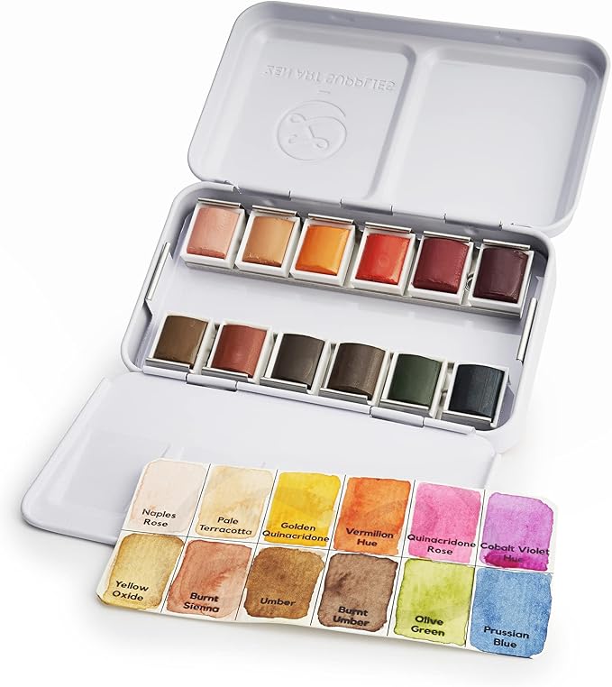 ZenArt Supplies Professional Watercolour Paint Set Sorriso - Non-Toxic 12 Half-Pan in Metal Tin Palette Portable Travel for Adults Water Color Portrait, Figurative & Animal Art by