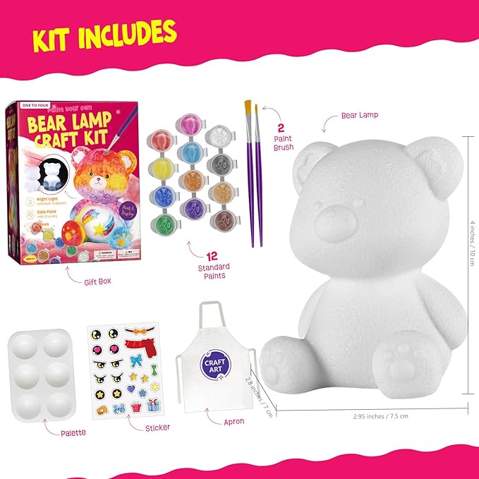 paint your own bear lamp kit, art supplies bear painting kit for kids 6-12, arts and crafts for kids ages 8-12, bear toy girls boys halloween birthday christmas gifts ages 3 4 5 6 7 8 9 10 11 12+