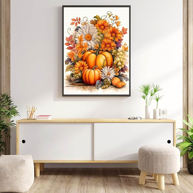 Pumpkin Diamond Art Kits for Adults-DIY 5D Fall Diamond Painting Kits for Adults Beginners, Full Drill Paint with Diamonds Art Painting Thanksgiving Flowers Crafts for Home Wall Art Decor 12x16in