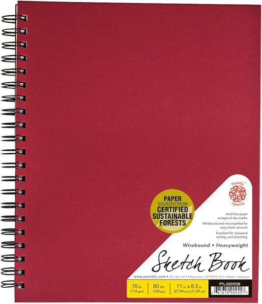 Pentalic - 8.5"x 11" Double Wirebound Hardcover Sketchbook, 80 Sheets, Red