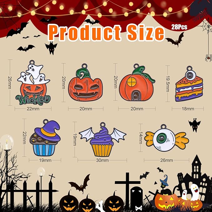 WEWAYSMILE 28Pcs Halloween Charm Pumpkin Charm Pendant Magic Hat Cake Spooky Pumpkin Halloween Jewelry Making Kit for Jewelry Making DIY Necklace Bracelet Earring Accessories