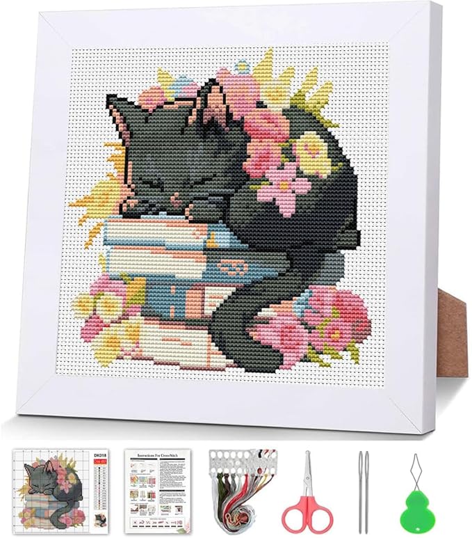 Black Cat Cross Stitch Kits For Beginner,Flowers Stamped Cross Stitch Kits Crafts For Adults with Wooden Framed,Embroidery Kit For Beginners,Partial 11CT Cross Stitch For Kids Home Decor 7.9x7.9inch