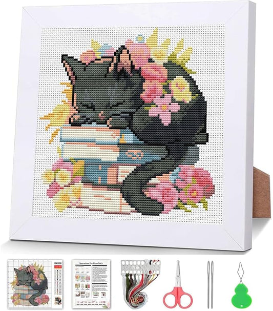 Black Cat Cross Stitch Kits For Beginner,Flowers Stamped Cross Stitch Kits Crafts For Adults with Wooden Framed,Embroidery Kit For Beginners,Partial 11CT Cross Stitch For Kids Home Decor 7.9x7.9inch