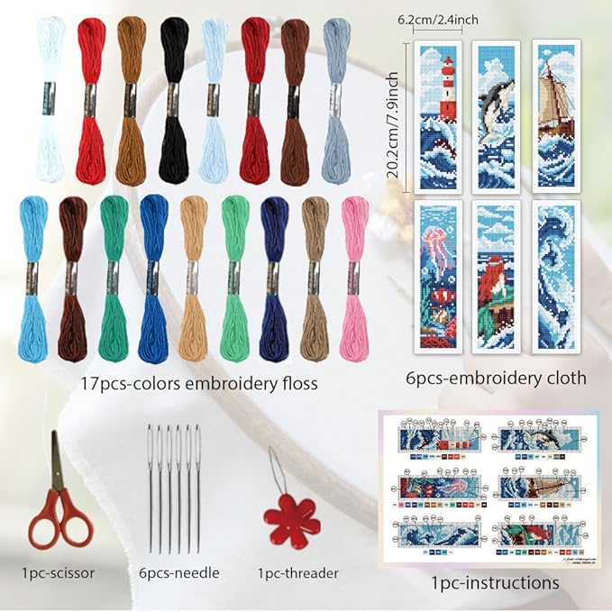 ORIGACH 6 Set Ocean Wave and Nautical Cross Stitch Bookmark Kit for Beginner with Backing Felt Floss Instructions DIY Stamped Embroidery Bookmark Kit for Adults, Book Lovers