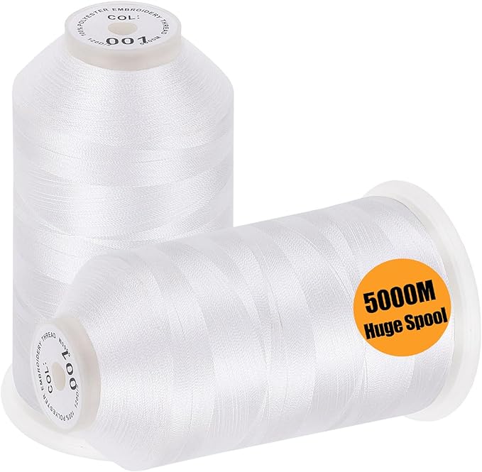 New brothread - 2 Huge Spools 5000M Each Polyester Embroidery Machine Thread 40WT for Commercial and Domestic Machines - White