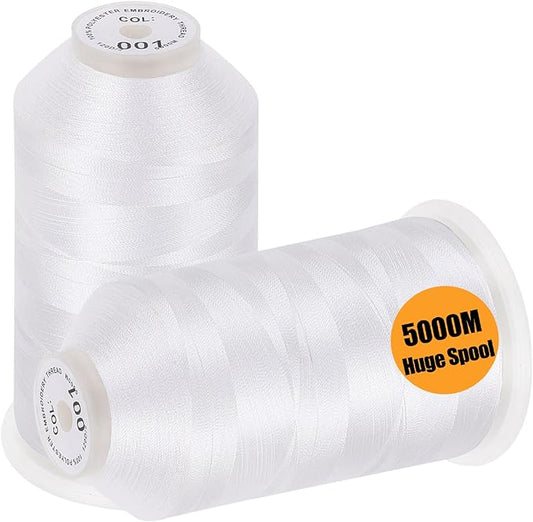 New brothread - 2 Huge Spools 5000M Each Polyester Embroidery Machine Thread 40WT for Commercial and Domestic Machines - White