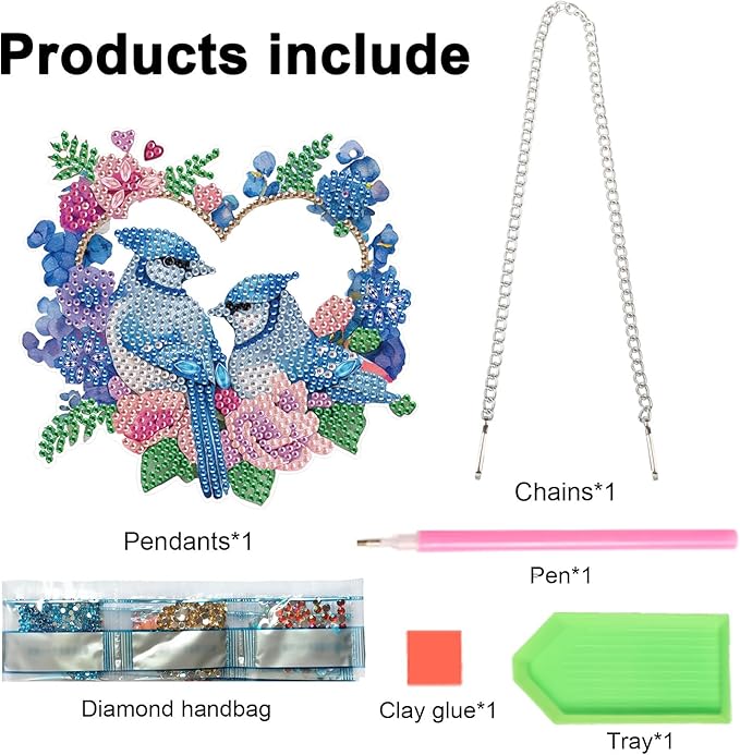 AiYuanzsh Diamond Art Painting Ornament Flowers and Birds Blue Hanging Sign Set Diamond Art Hanging Wall Art DIY 5D Crystal Rhinestone Pendant Kits for Wall Door Window Decorations