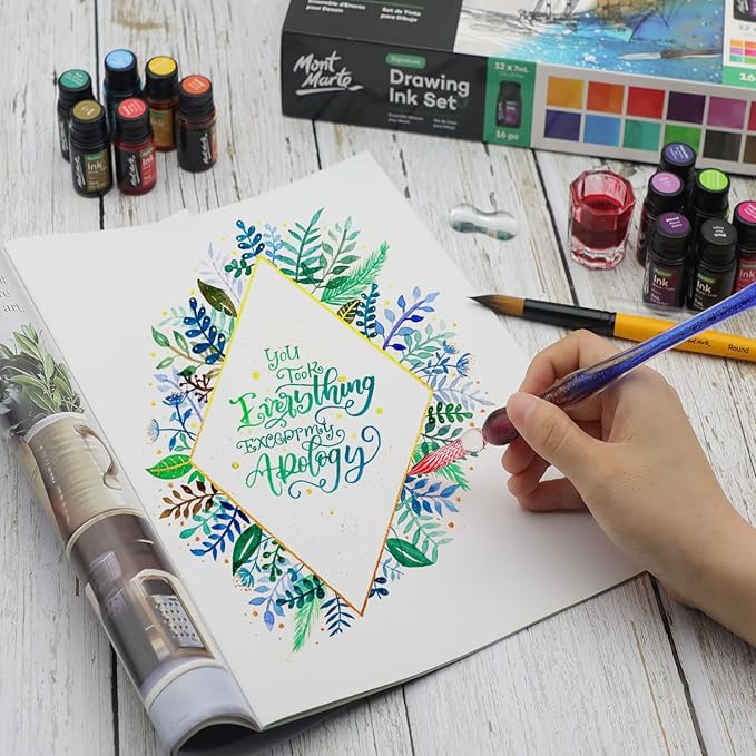 Mont Marte Drawing Ink Colors Signature 24pc x 0.24 US fl.oz (7ml), Art Set Includes Vibrant Ink Colors, for Illustration, Calligraphy, Scrapbooking.