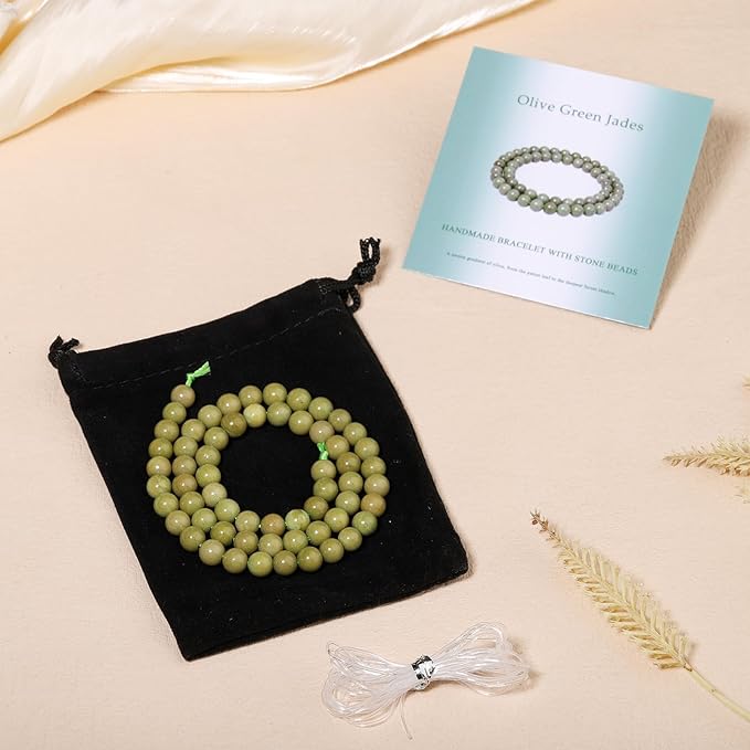 Stone Beads, 60pcs Olive Green Jades, 6mm Round Loose Beads for Jewelry Making, Bracelets, with Bag, String & Card