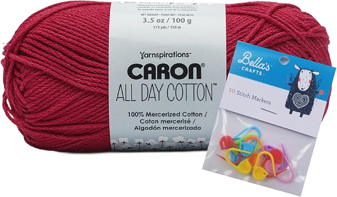 Caron All Day Cotton Yarn - 100g/3.5oz - 100% Mercerized Cotton - 173 Yards Bundle with Bella's Crafts Stitch Markers (Red Lip)