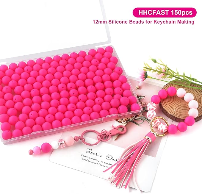 160Pcs 12mm Silicone Beads for Keychain Making Bracelet Necklace, Bulk Round Silicone Beads for Pens（Hot Pink）