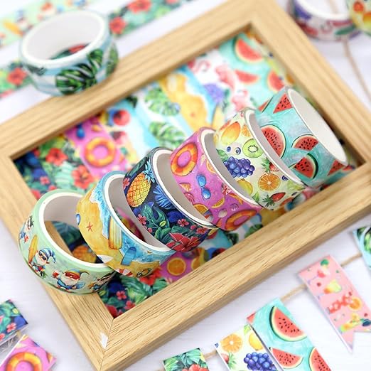12 Rolls Summer Washi Tape Set, Hawaii Beach Holiday Decorative Tape Flamingo Tropical Fruits Leaves Watermelon Watercolor Masking Tape for Journaling Supplies,Gift Wrapping, DIY Art & Crafts