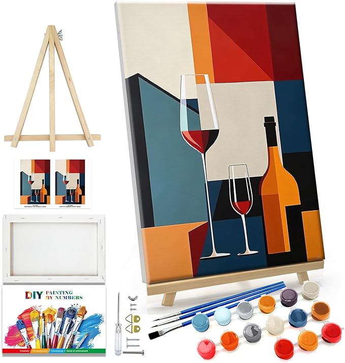 JOOZ Paint by Numbers Kit for Adults with Frame Wine Glass Paint by Number with Easel Adult Paint by Number Kits Framed Canvas Easy Oil Painting Kits for Home Wall Decor 8x12 Inch