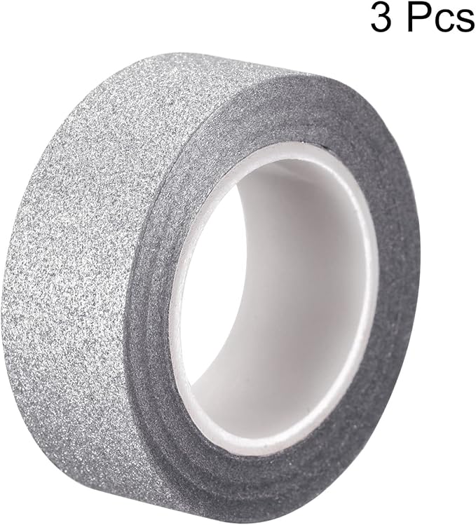 MECCANIXITY 0.6inch x 32.8ft Glitter Tape, Decorative Craft Tape Self Adhesive Stick 1.5cmx10m Silver Tone for Scrapbook, DIY Arts, Gift Wrapping Pack of 3