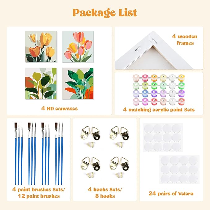 MXJSUA 4 Pack Tulips Green Plant Framed Paint by Numbers Kit with Canvas for Adults Beginner, DIY Acrylic Oil Painting Kits with Brushes for Home Wall Decor Gift (8x8 inch)