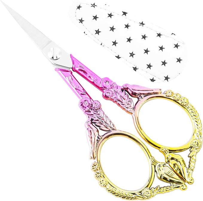 Crochet Scissors with Cover – Pink Gold Vintage Small Embroidery Scissors, Sharp Craft Scissors for Yarn Thread Sewing Needlework, Cute Bird Design Gift for Crocheter Quilter, 4.6 Inch