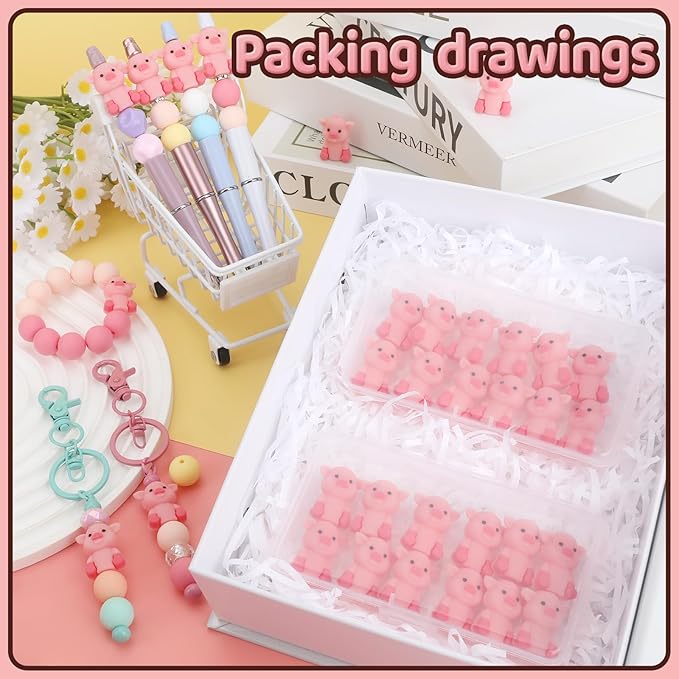 12PCS 3D Pig Silicone Beads for Pens, 12Pcs Pig Silicone Focal Beads for Keychain Making DIY Handicraft（3D Pig ）