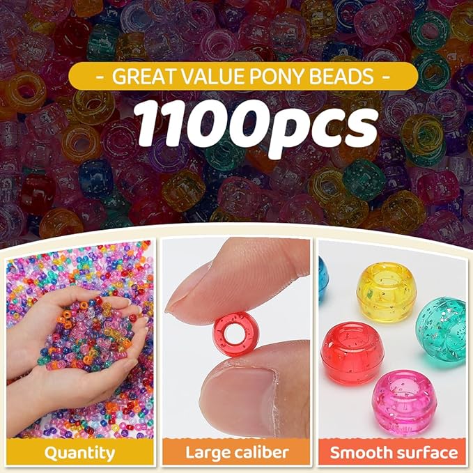 gaganiu pony beads 1100+ pcs – glitter clear plastic kandi beads in jar for bracelets, hair braids, jewelry making & diy crafts