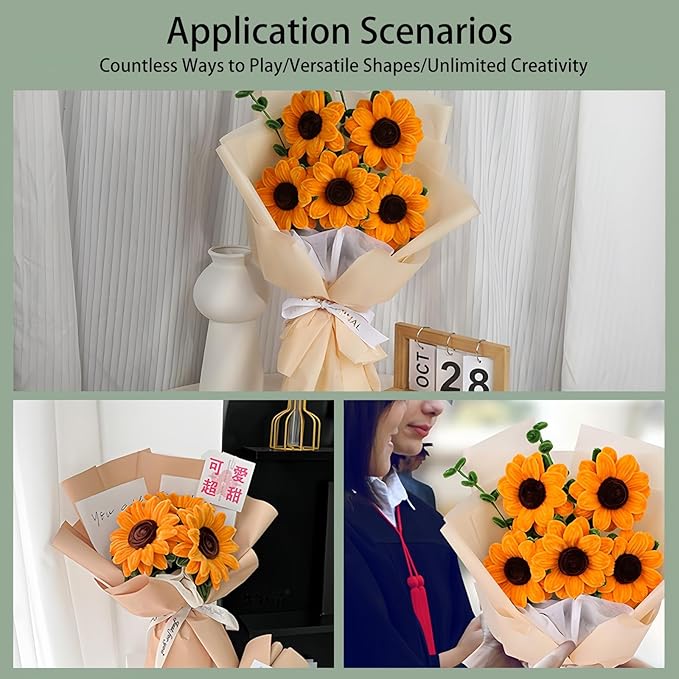 Sunflower Pipe Cleaners Craft Kit - 280Pcs Thick Chenille Stems in Yellow/Green/Brown, Include Floral Wires & Ribbon, DIY Flower Bouquet Making Supplies for Art Projects, Creative Decor, Handmade Gift