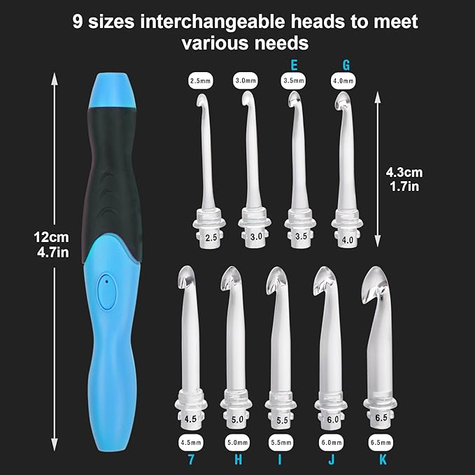 Vidillo Crochet Hooks Lights Set with Case, Ergonomic Rechargeable Lighted Hooks,9 Interchangeable Heads Hooks with a Crochet Hooks Case, Knitting Knit Needles Weave Yarn Sewing DIY Craft (Blue)