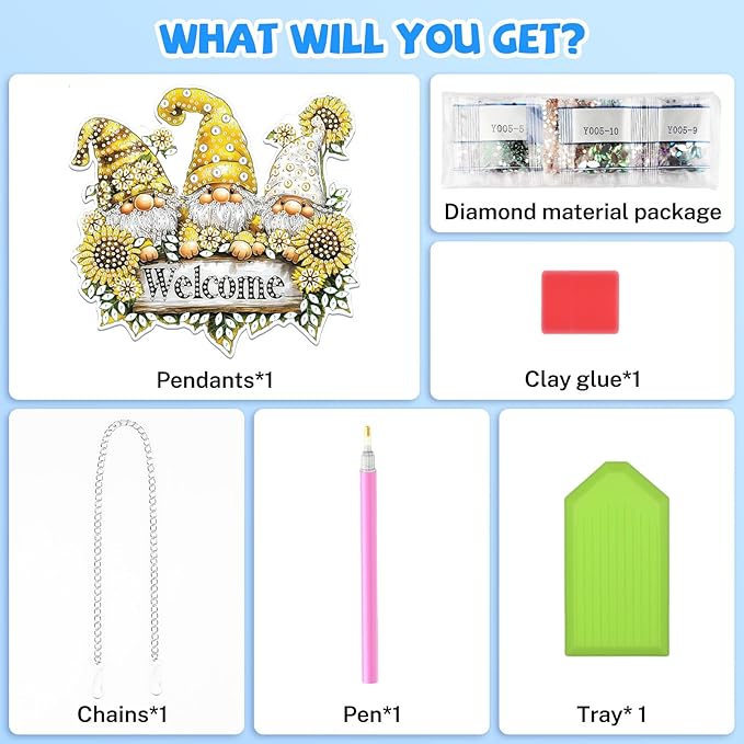 Bowetile Hanging Diamond Art Gnomes Kits for Adults, 5D Special Shape Diamond Painting Welcome Sign Gnomes Kits, Diamond Gem Art Suncatchers Painting Ornament for Home Garden Wall Decor