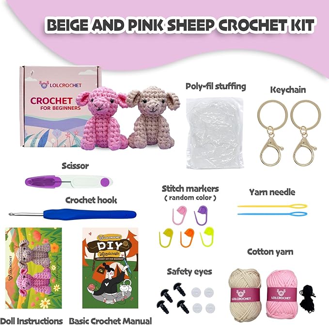Lamb Crochet Kit for Beginners, Learn to Crochet Animal Starter Set with Tutorial & Crocheting Manual, Easy Yarn Knitting Kit for Adult & Kid 12+, Stuffed Sheeps Craft Doll for Xmas Gift