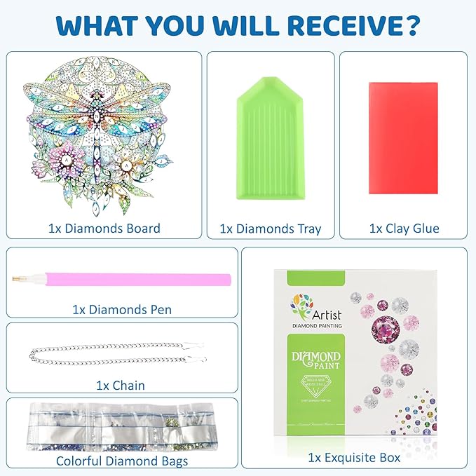 MEIYUDA Dragonfly Diamond Art Hanging Kits for Adult, Flowers Dragonfly Diamond Painting Hanging Kits Ornaments, DIY Special Shaped Rhinestone Window Pendants Kit for Home Garden Wall Decor Gift