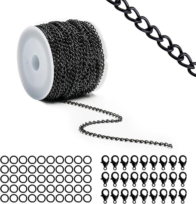 Lemonkey 33 Feet Metal Black Necklace Chains Curb Links Chains Bulk for Jewelry Making DIY Craft Kit with Lobster Clasps Jump Rings