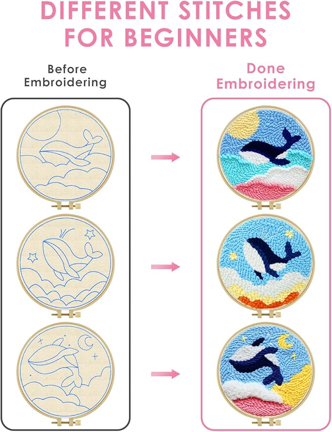 TINDTOP Punch Needle Kits, 3 Pack Punch Needle Embroidery Kits for Adults Beginner, Tool with Punch Needle Fabric, Hoops, Yarns and Sewing Needles (Whale)