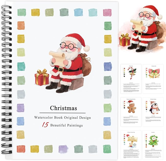 SLWBZ Watercolor Workbooks Coloring Book, Beginner Friendly Painting Kit, Easy Exquisite with Detailed Steps, Creative Exploration Watercolor Book for Adults Teens (Santa Claus, Without Paint)