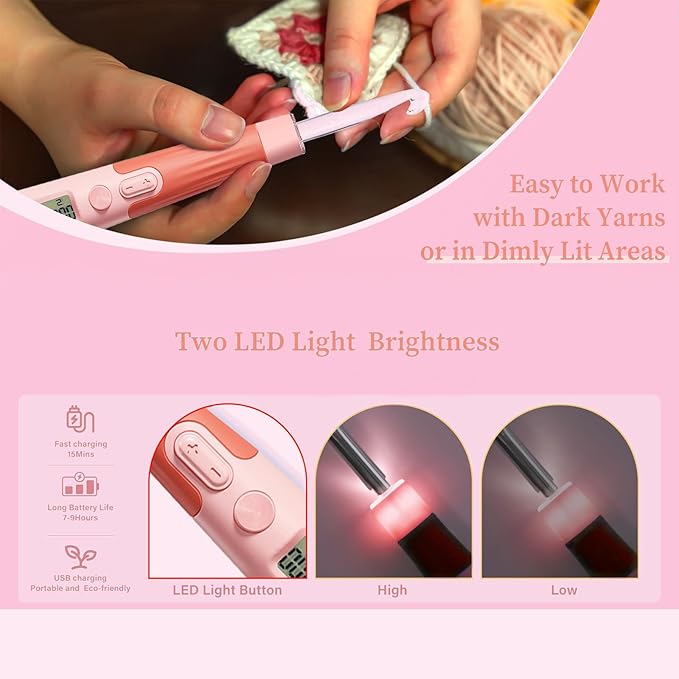Light up Crochet Hook Set Counting Set Digital Crochet Kit Ergonomic with Lighted Led and Stitch for Crocheting and Knitting