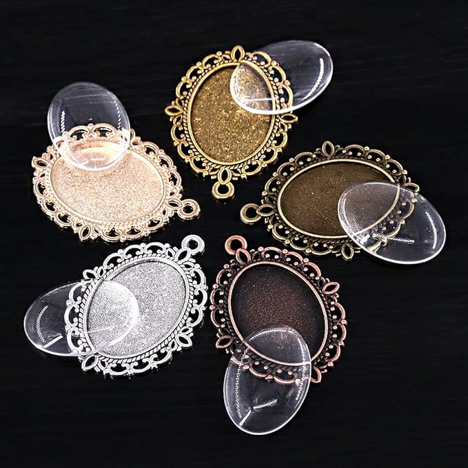 Swpeet 60 Pcs Pendant Trays Kit, Including 30 Pieces 5 Colors Pendant Trays Oval Bezels with 30 Pieces Glass Dome Tiles for Crafting DIY Jewelry Making