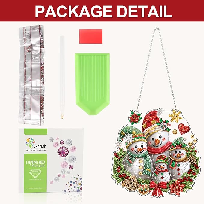 CEOVR Christmas Hanging Diamond Painting, Snowman Special Shape Diamond Art, Christmas Winter DIY Gem Art Craft for Adults, Acrylic Home Garden Decor with Chain, Box Kit 7.79x7.79In