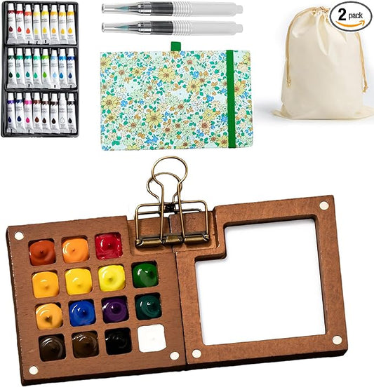 Mini Watercolor Paint Set, Pocket Watercolor Set with 24 Colors Paint, Portable Watercolor Travel Kit for Artists, Beginners & Outdoor Painting, Compact Wooden Palette & Sketchbook in Storage Bag